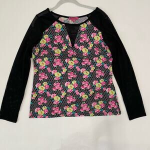 Betsey Johnson Floral Polka Dot Mesh Sleeve Top Y2K Punk Coquette Women’s L